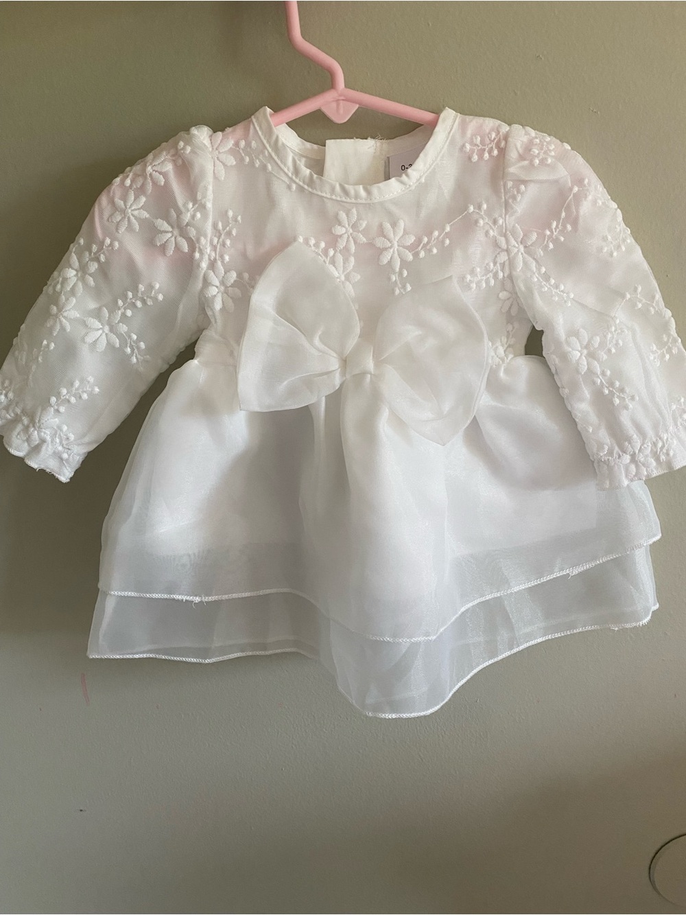 White Floral Embroidered Dress with Bow 0-3m